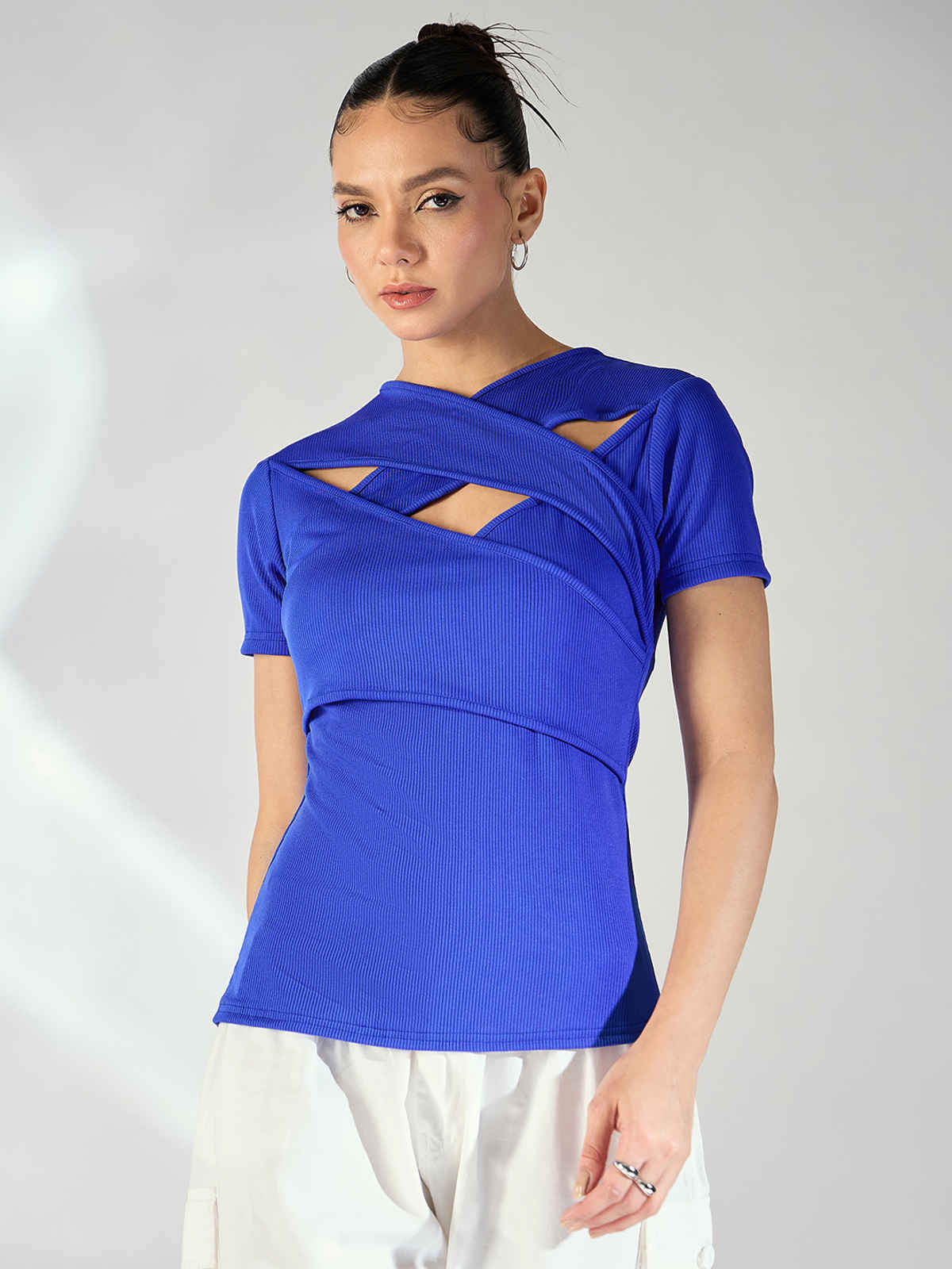 Uptownie Women's Criss Cross Ribbed Top | Blue - XL