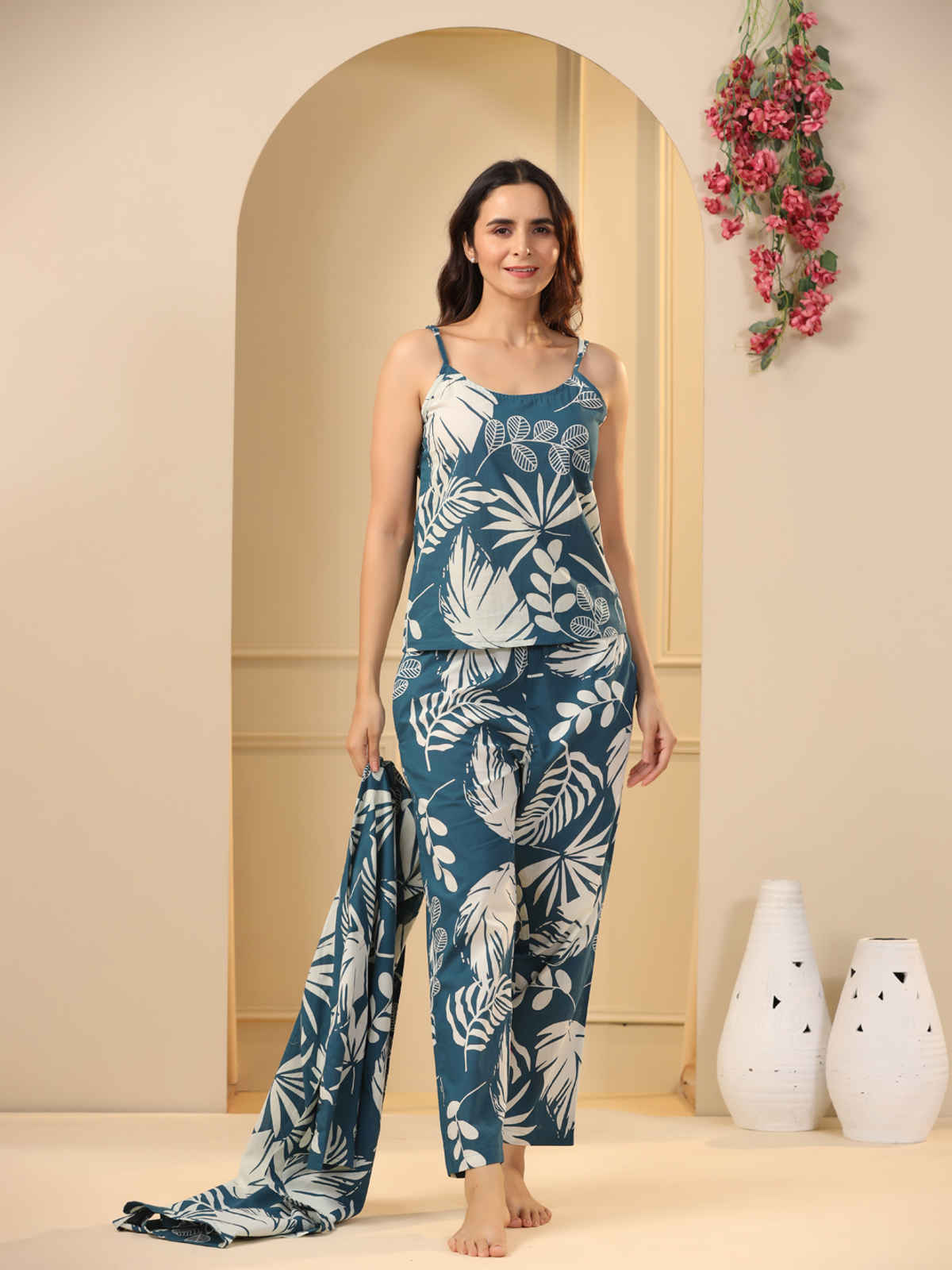 Sanskrutihomes Teal 3 Pieces Floral Printed Pure Cotton Night Suit | Teal - S
