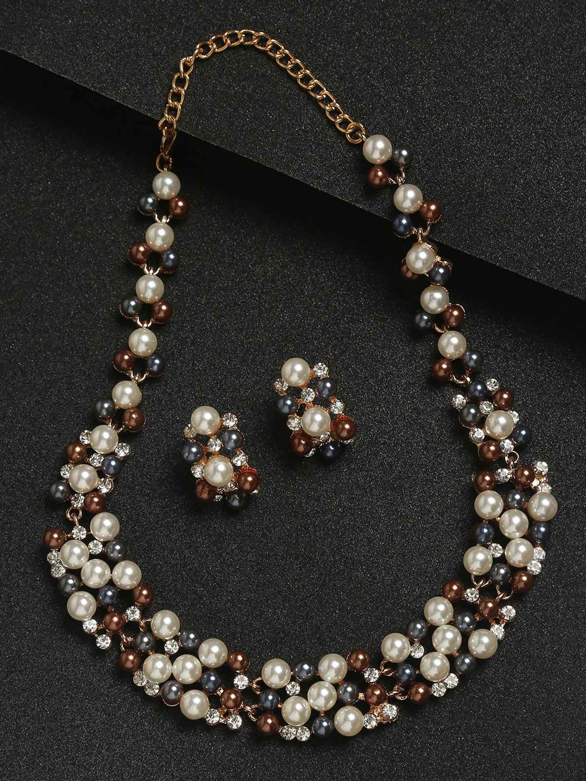 YouBella Gold-Plated Brown & White Stone-Studded Jewellery Set (YBNK - 50347)