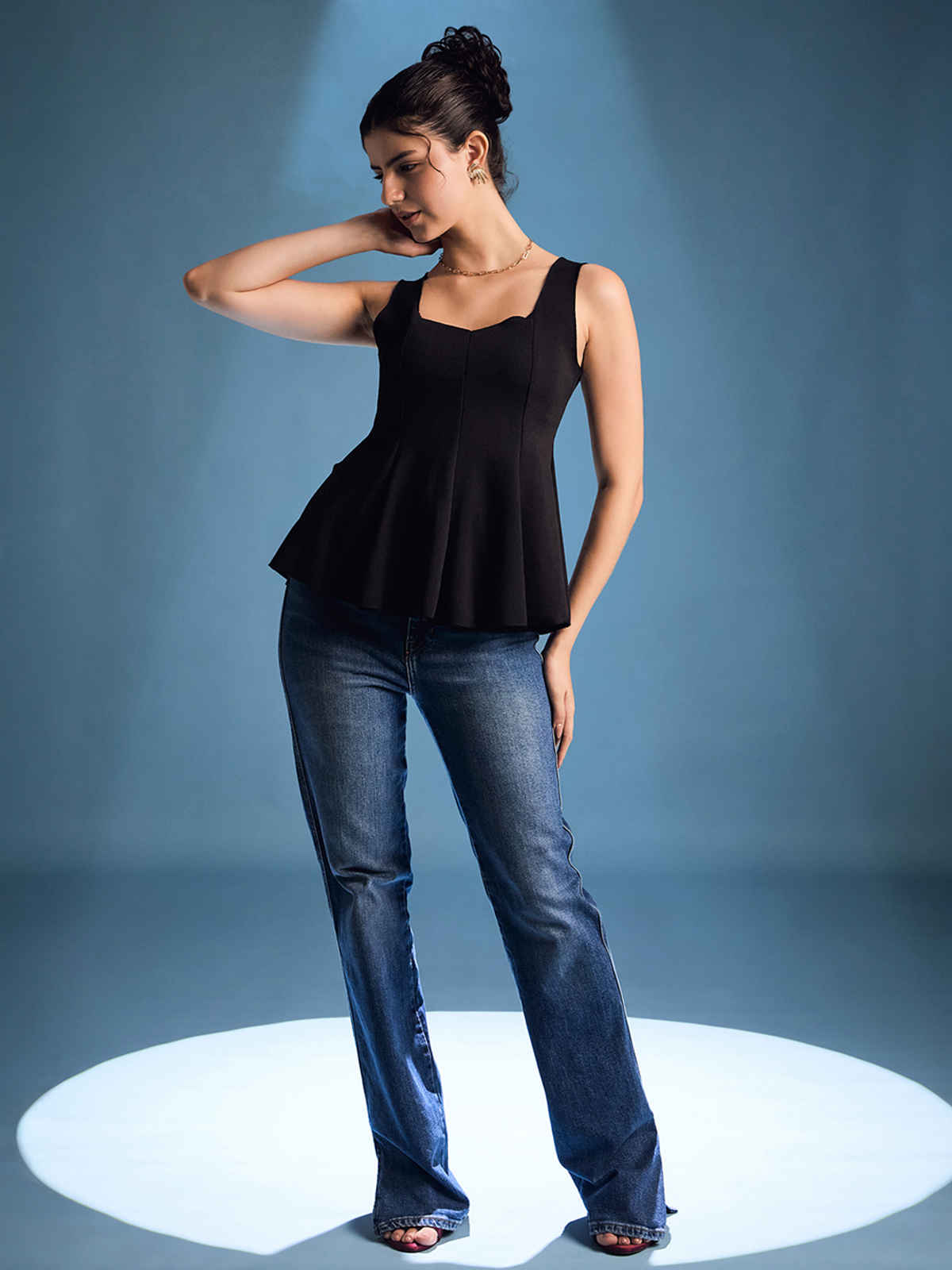 Uptownie Women's Stretchable Ribbed Peplum Top | Black - S