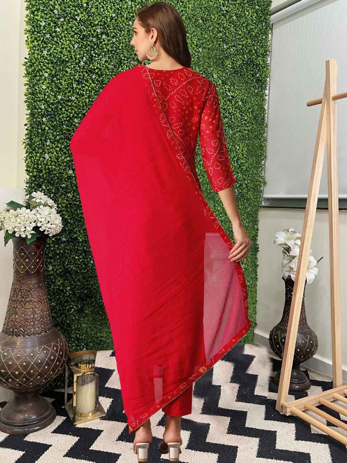GoSriKi Women's Rayon Blend Straight Printed Kurta with Pant & Dupatta | TURAE | Red - S