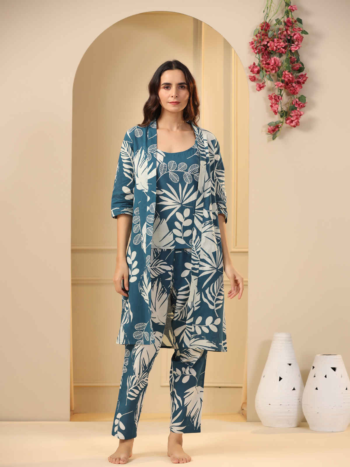 Sanskrutihomes Teal 3 Pieces Floral Printed Pure Cotton Night Suit | Teal - S