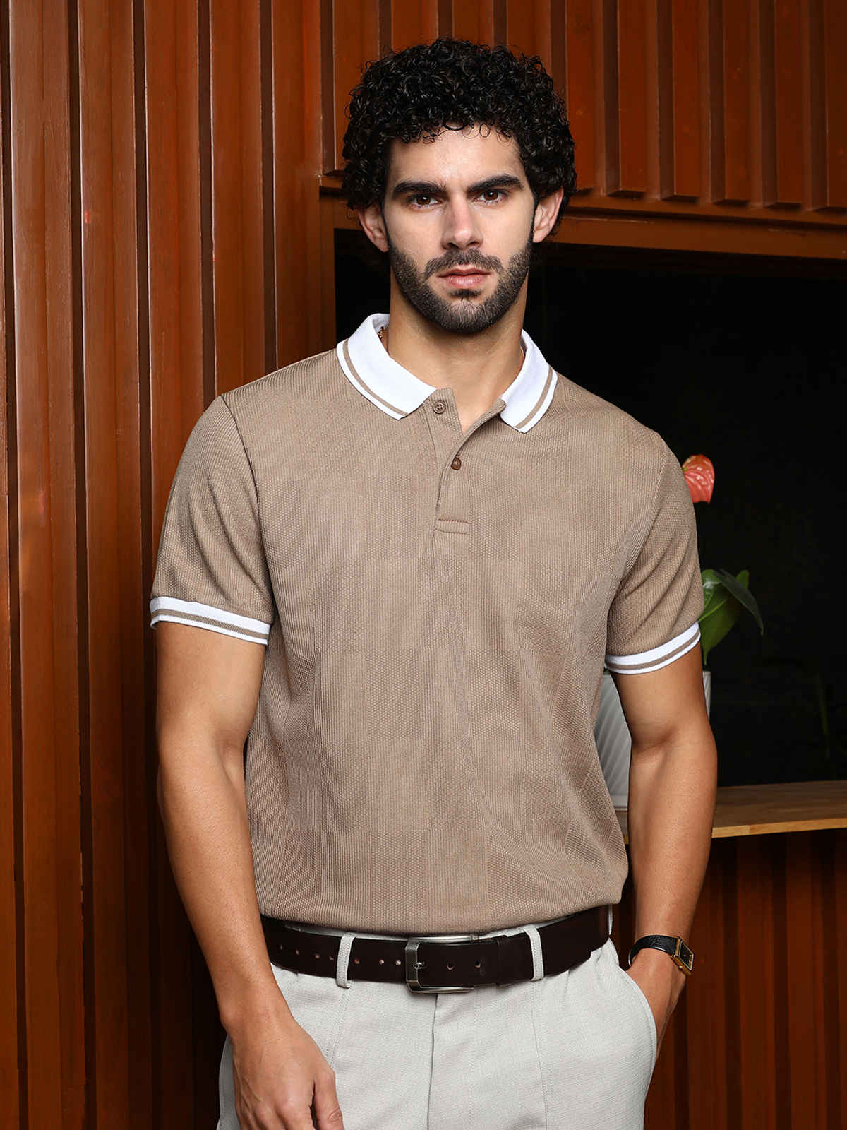 Campus Sutra Men's Cuboid-Stripe Polo T-Shirt | Sand Beige - M