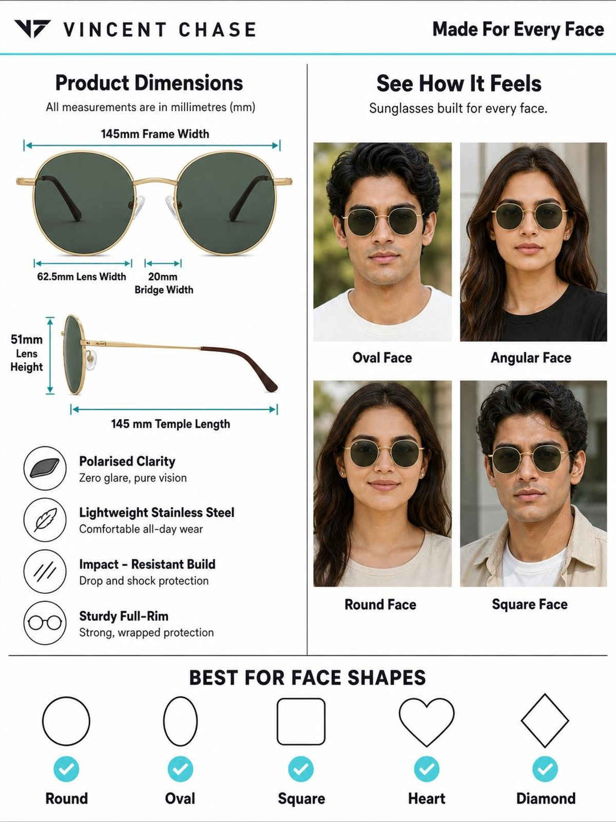 Vincent Chase By Lenskart Unisex Solid Metal Round Sunglasses | Gold - M