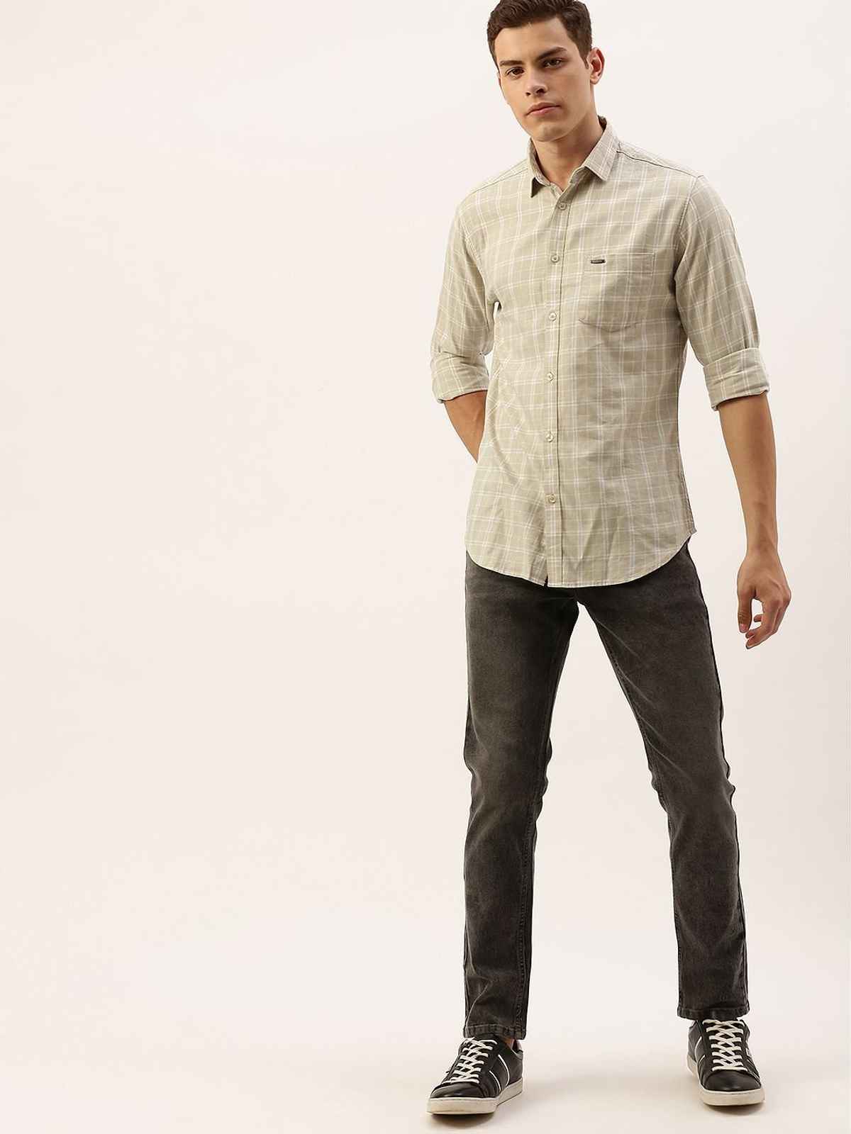 The Indian Garage Co | Men Slim Fit Checkered Casual Shirt | Beige | L