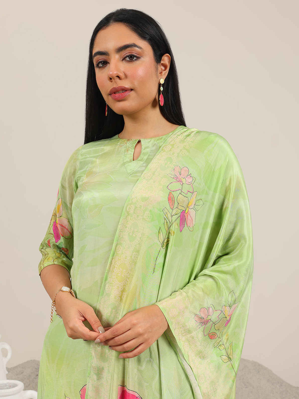 Libas Printed Silk Blend Straight Suit With Dupatta | 400298H | Green - XL