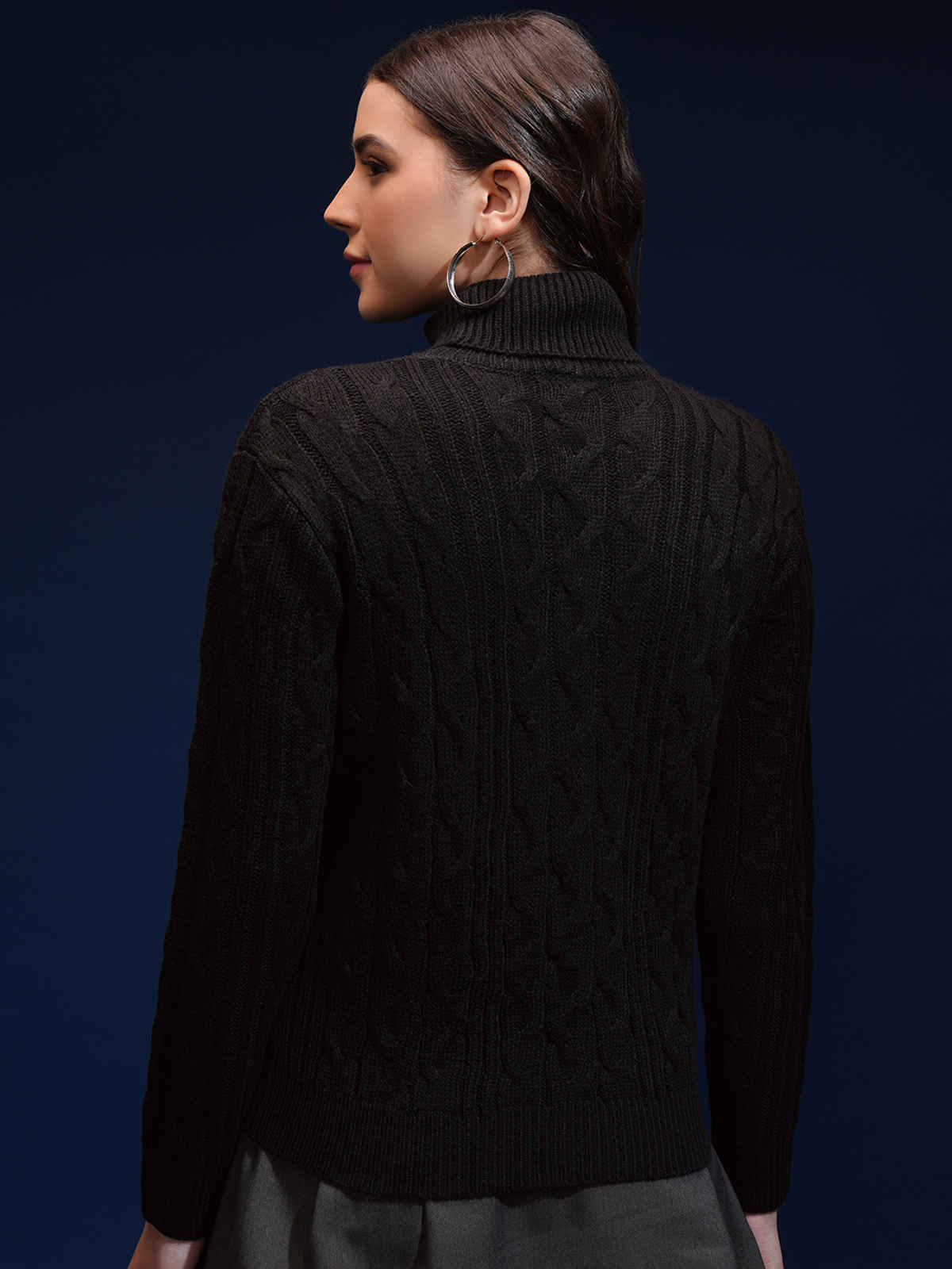 Tokyo Talkies Women's Self Design Turtle Neck Sweater | Jet Black - S