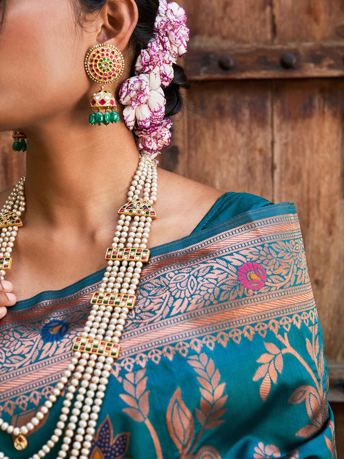 Janasya Women's Banarasi Design Saree with Unstitched Blouse Piece | SAR304 | Teal Green