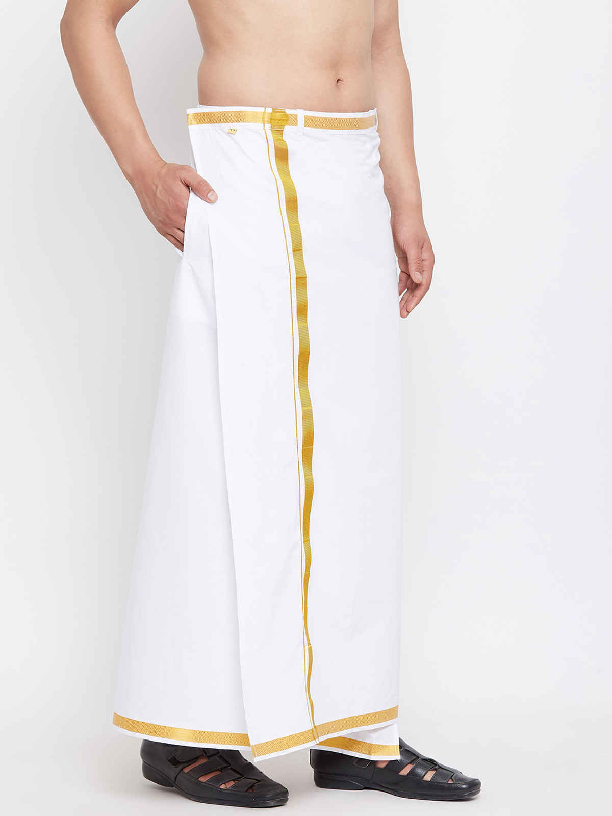 Vastramay Men's White and Gold Velcro Mundu/Veshti/Dhoti with pockets | Ready To Wear | Free Size