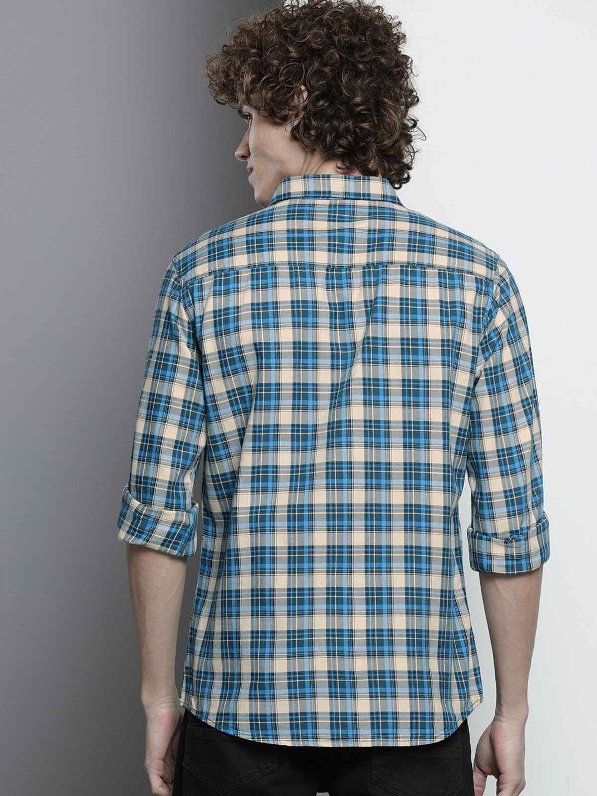 The Indian Garage Co Men's Slim Fit Checkered Casual Shirt | Blue - M