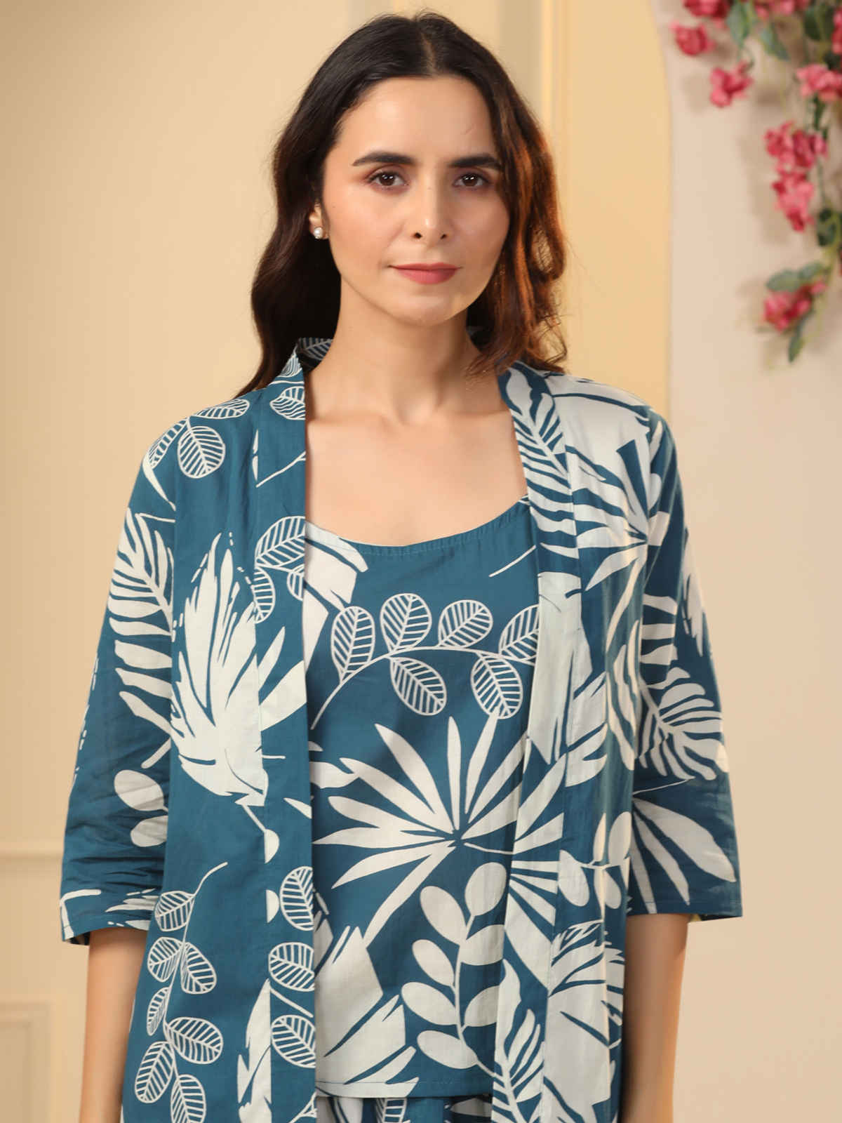 Sanskrutihomes Teal 3 Pieces Floral Printed Pure Cotton Night Suit | Teal - S