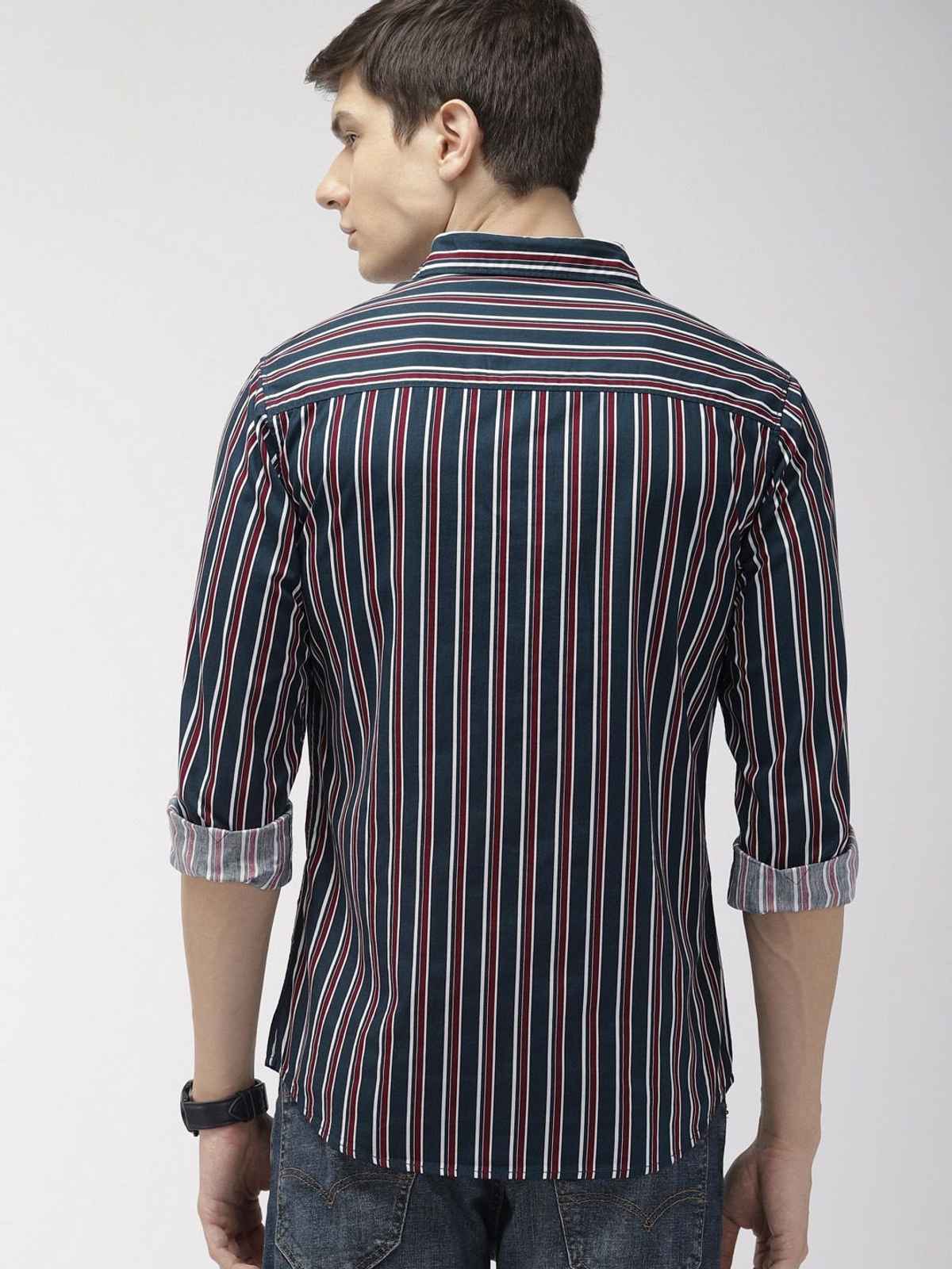The Indian Garage Co Men's Slim Fit Multi Stripes Casual Shirt | Navy Blue - 2XL