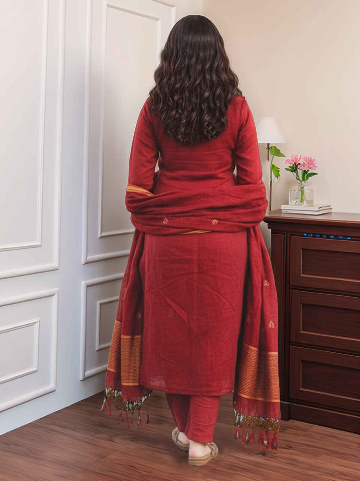 GoSriKi Women's Rayon Blend Printed Straight Kurta Set With Dupatta | Maroon - S
