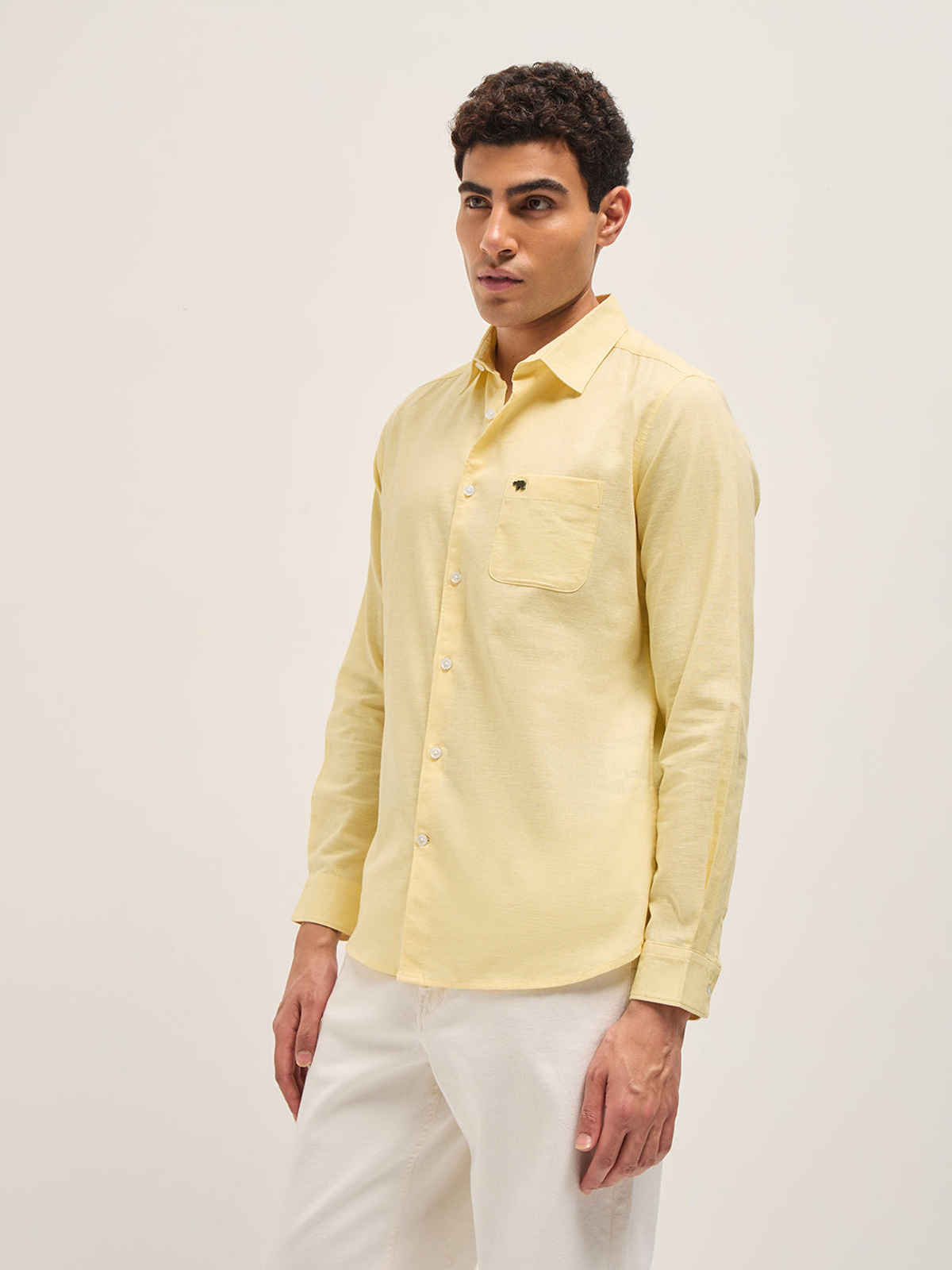 The Bear House Yellow Cotton Linen Slim Fit Solid Casual Shirt |M