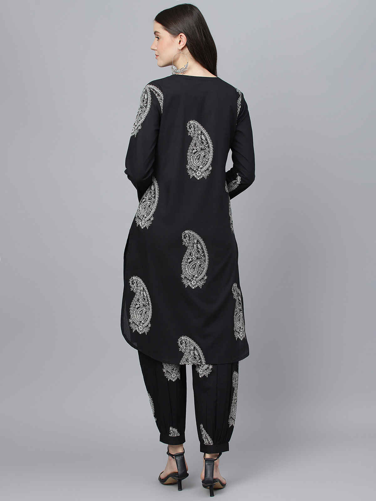 Divena Women's Cotton Straight Kurta with Curve Hem Pant Set | DK0800 | Black - M