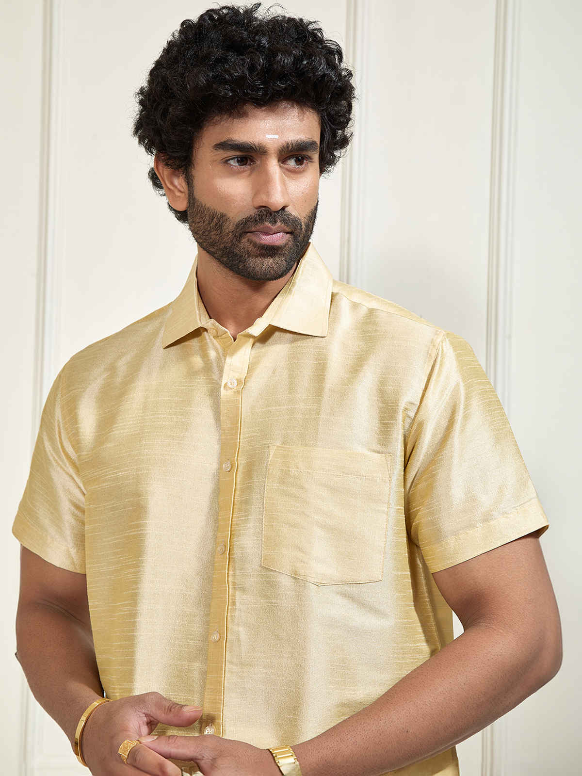 Vastramay Mens Silk Blend Casual Shirt | Golden Short Sleeve Festive Wear with Patch Pocket - L