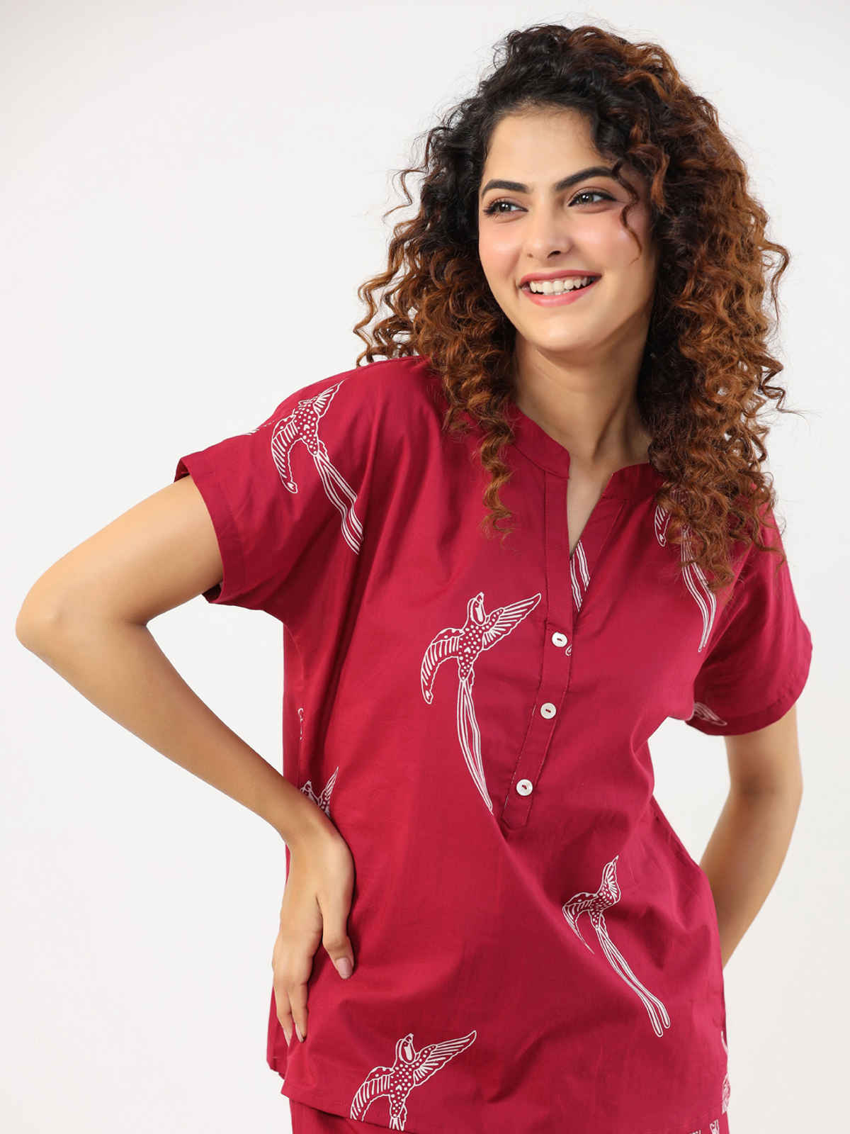 Sanskrutihomes Conversational Printed Mandarin Collar Pure Cotton Night Suit | Magenta - L