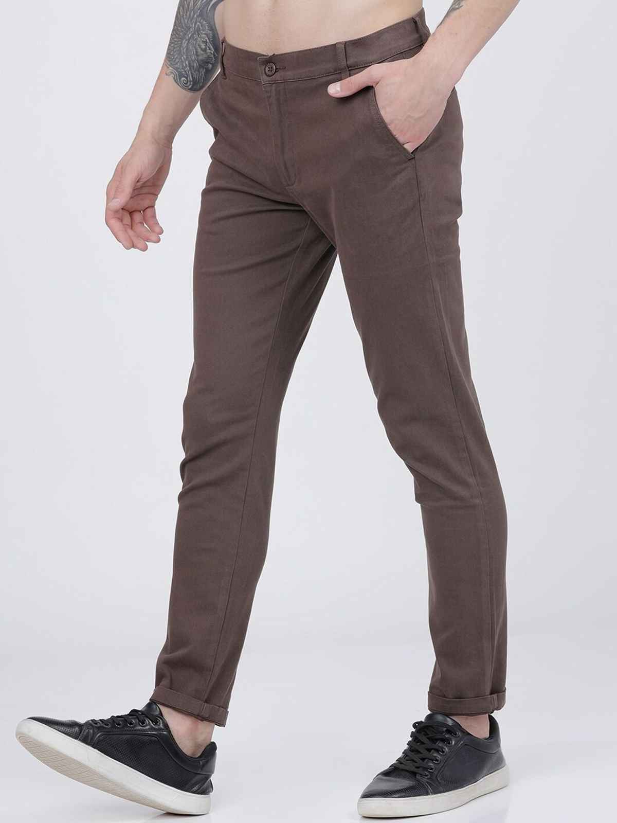 The Indian Garage Co Men's Slim Fit Solid Casual Chinos | Brown - 34