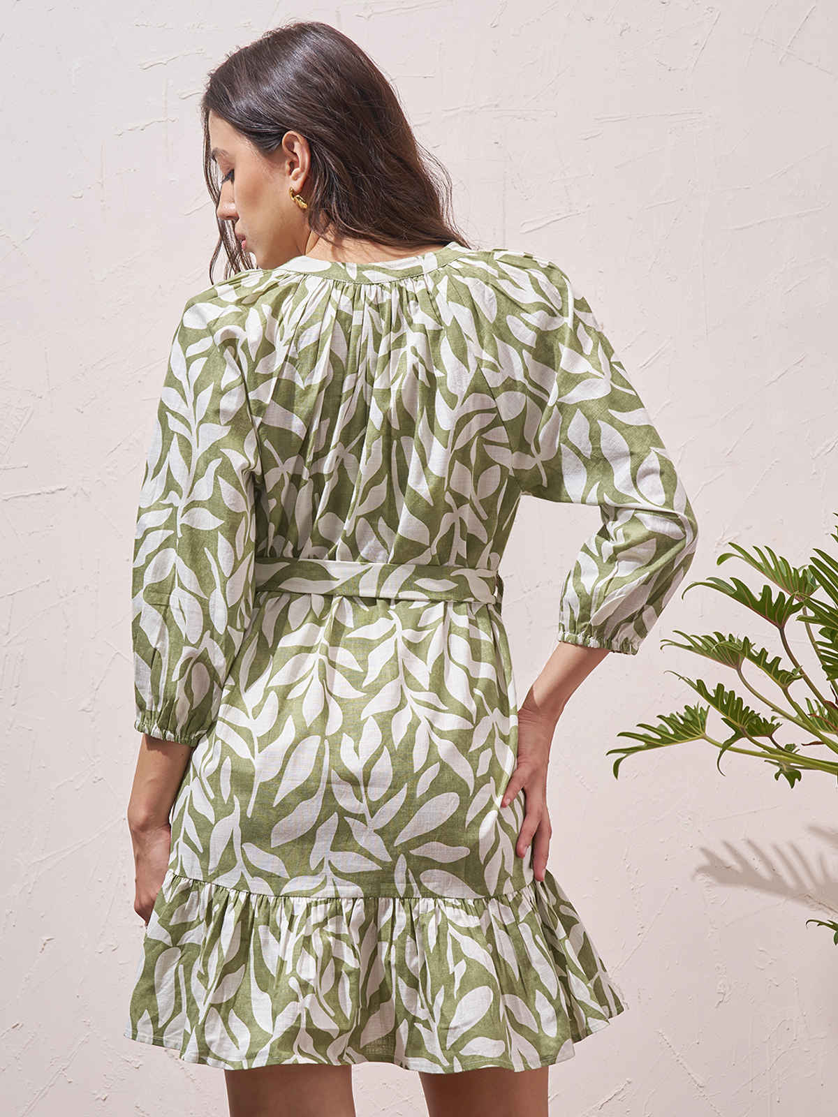 Vara By Vishudh Women's Cotton Slub Printed Reglan Sleeve Short Dress | Green - L