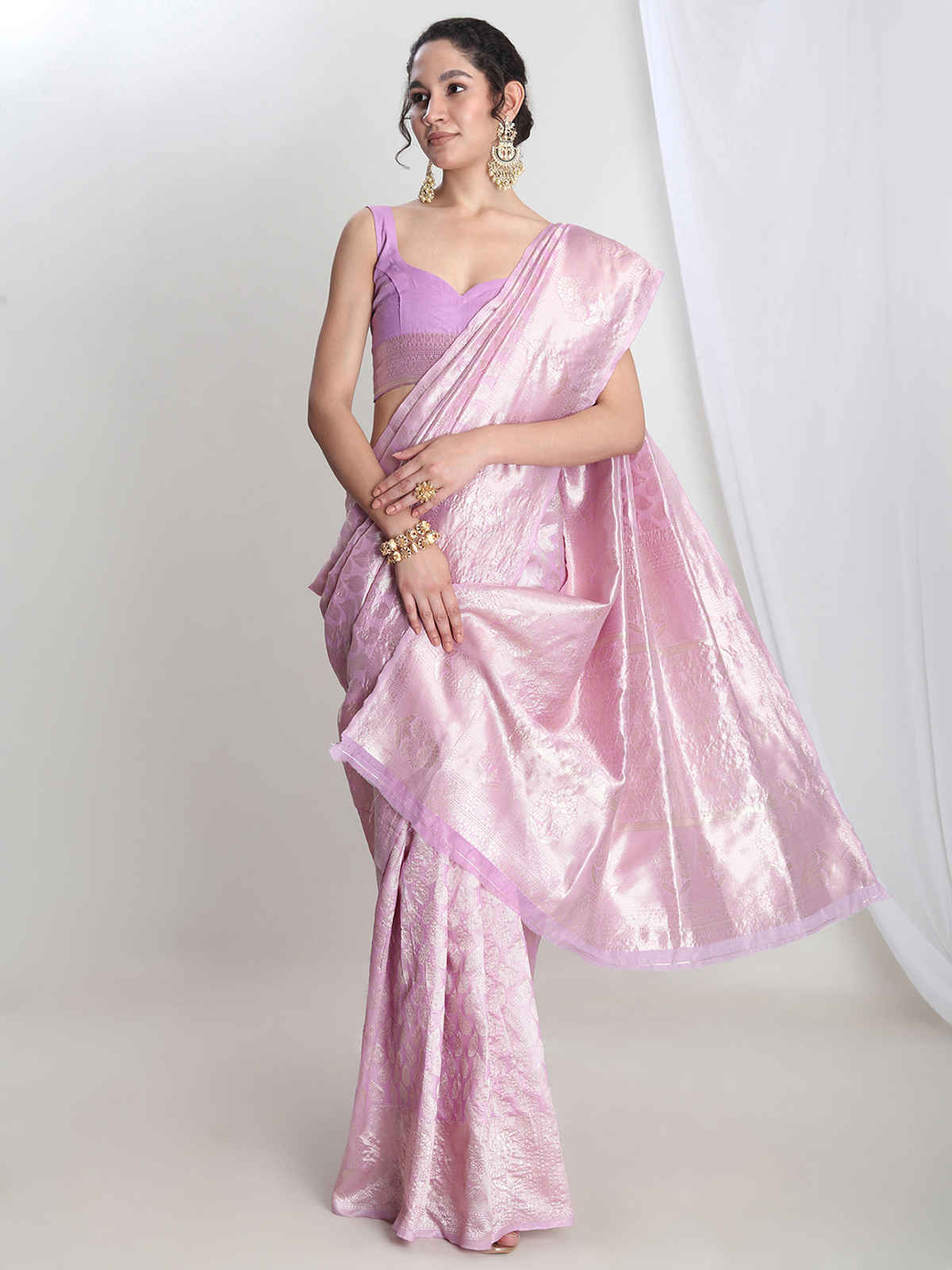 Janasya Women's Silk Blend Leaf Motifs Saree with Blouse Piece | SAR646 | Lavender