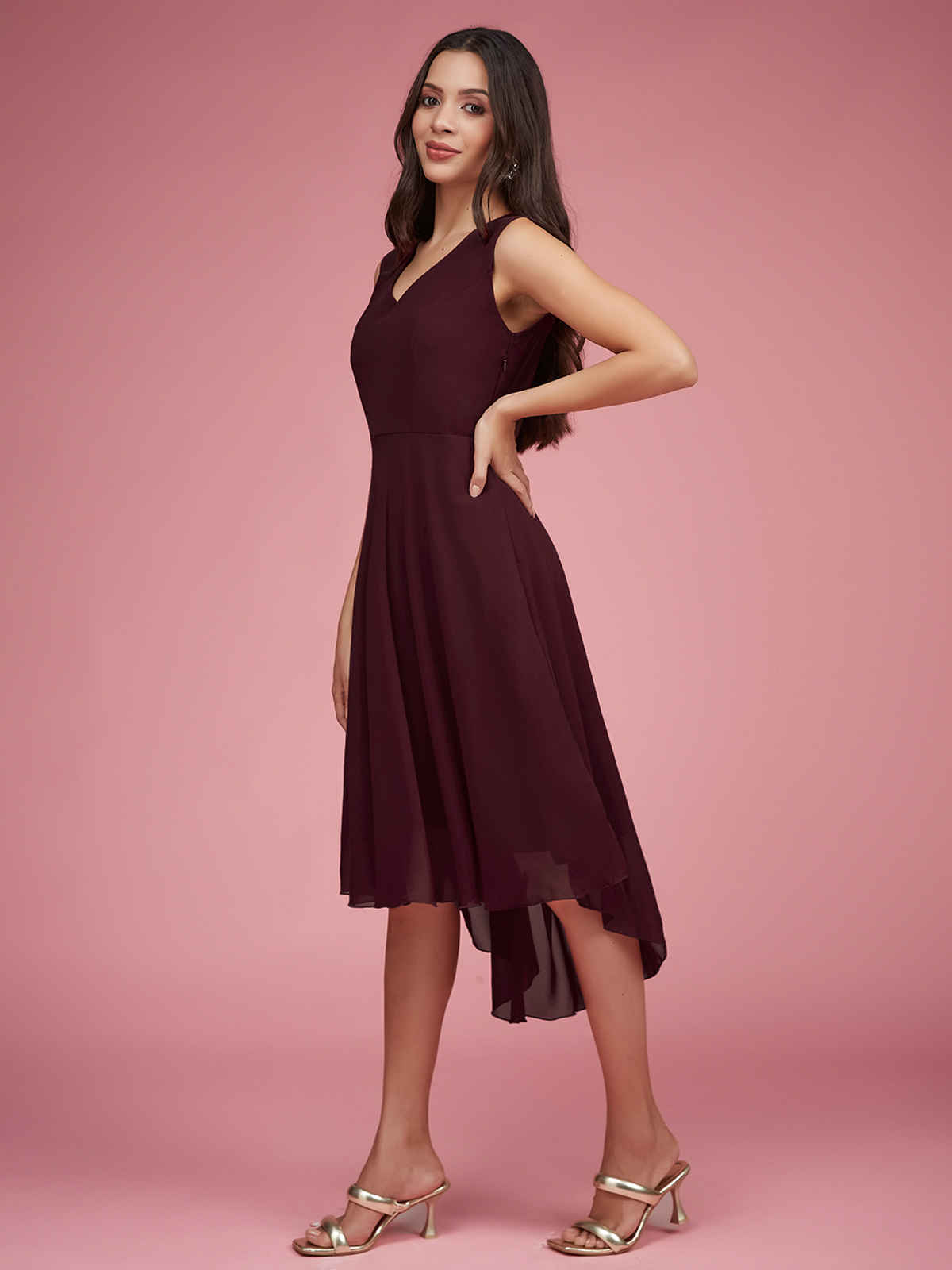 Miss Chase Women Maroon V-Neck Sleeveless Solid High-Low Midi Skater Dress | Maroon | XL