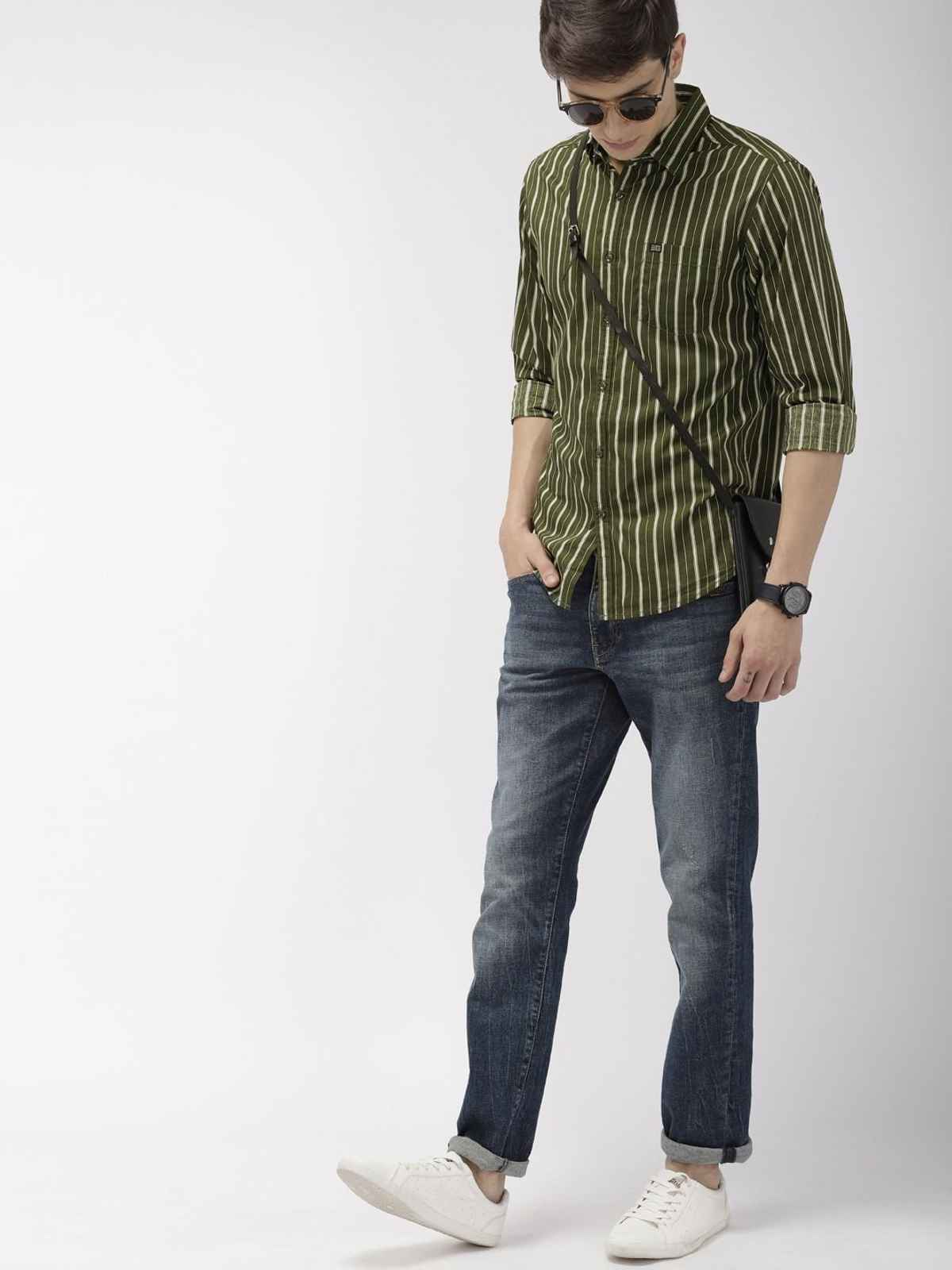 The Indian Garage Co Men's Slim Fit Multi Stripes Casual Shirt | Olive - XL