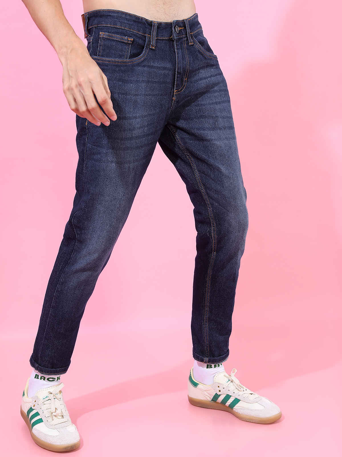 Highlander Men's Tapered Fit Mid-Rise Clean Look Stretchable Jeans | Dark Indigo - 30