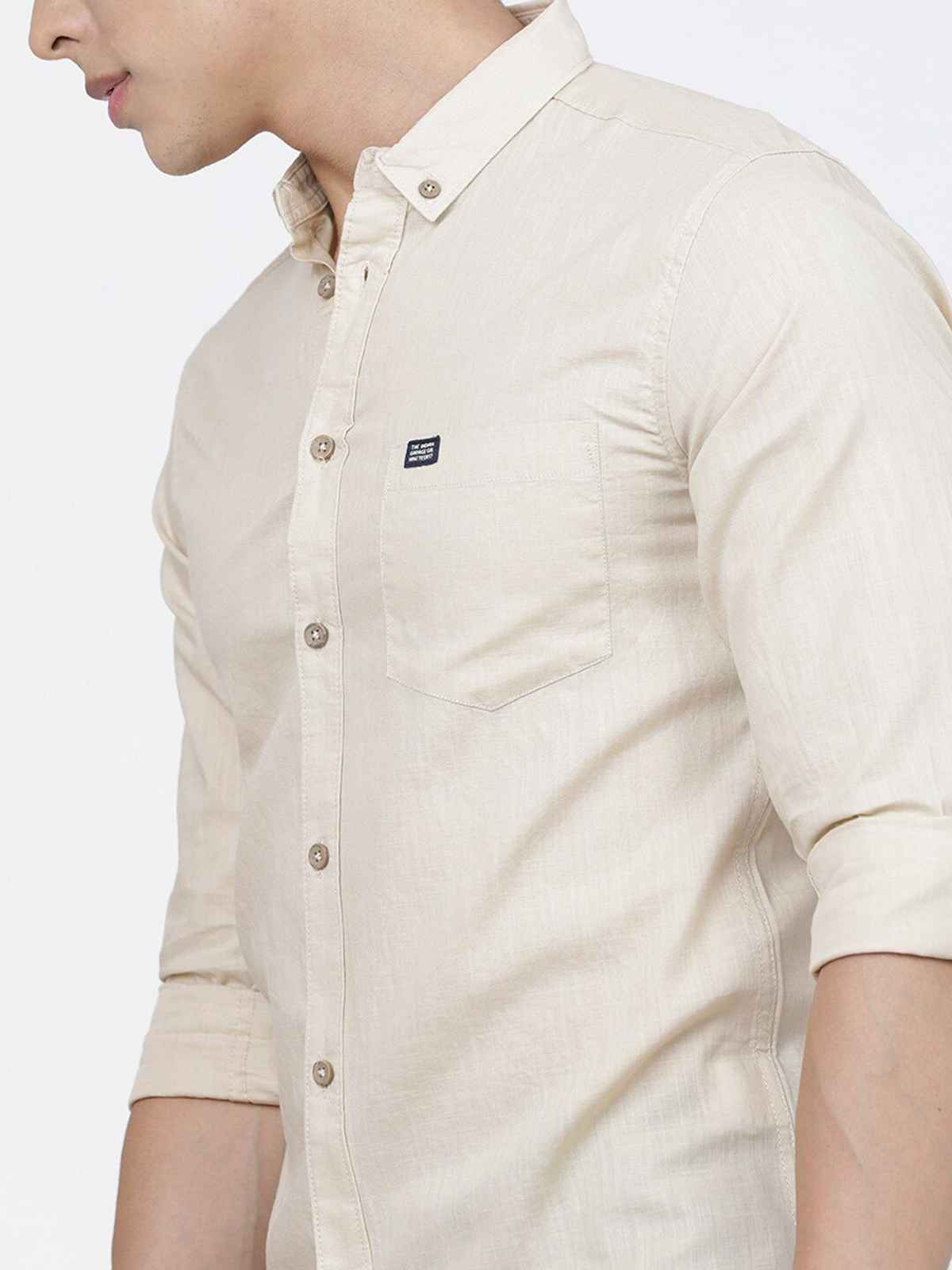 The Indian Garage Co Men's Slim Fit Solid Casual Shirt | Light Beige - L