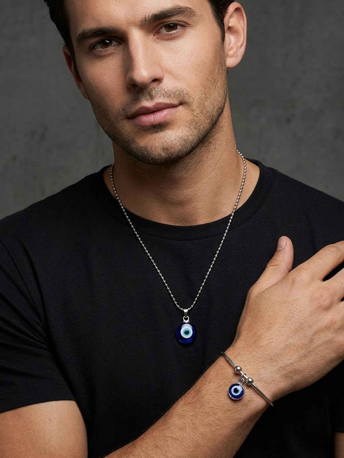NVR Unisex Silver Evil Eye Pendant with Chain & Adjustable Evil Eye Bracelet Gift Combo