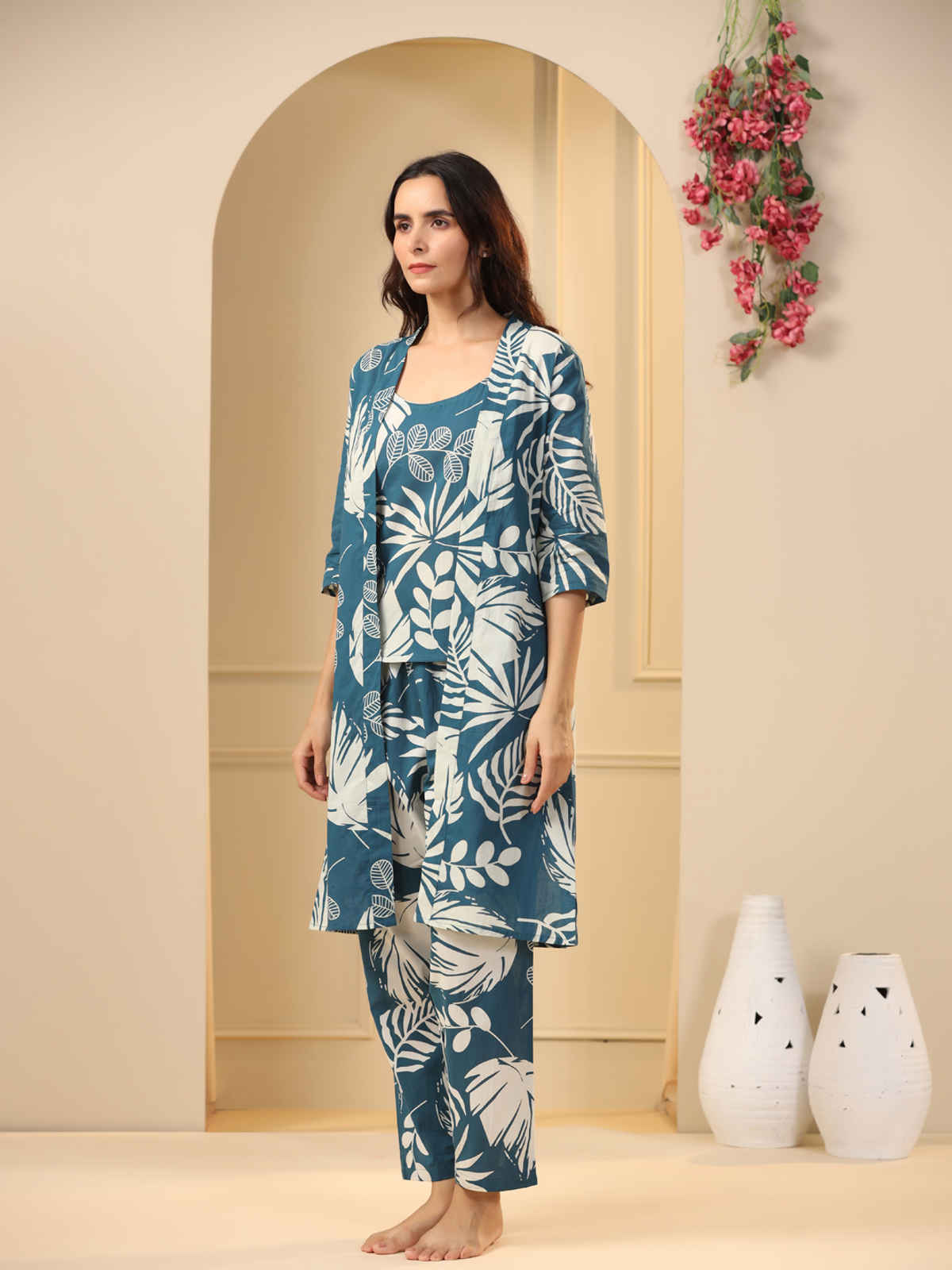 Sanskrutihomes Teal 3 Pieces Floral Printed Pure Cotton Night Suit | Teal - S