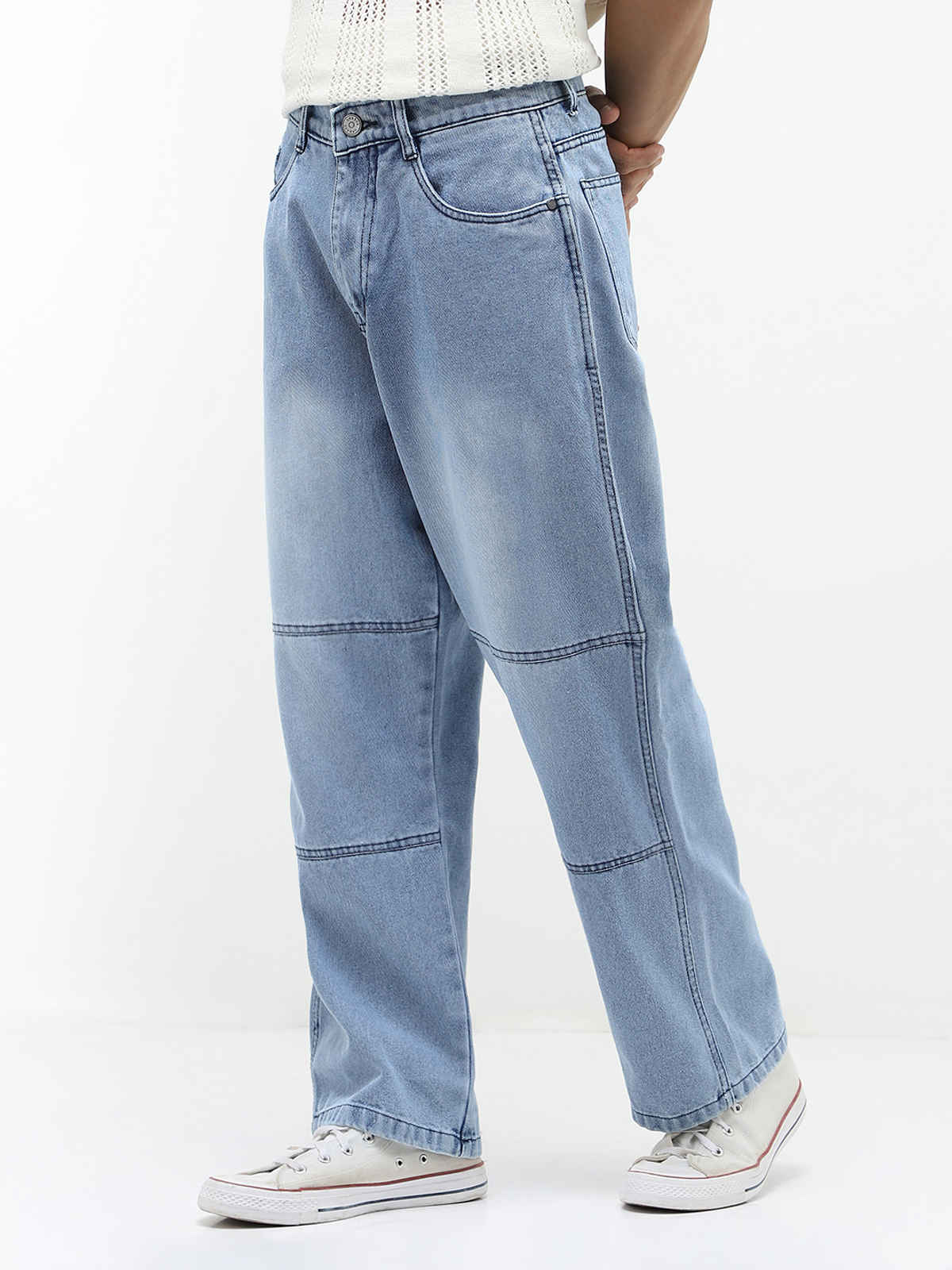 Urbano Fashion Men's Jeans Loose Baggy Fit Cut And Sew Panelled Non-Stretchable | Ice Blue | 34