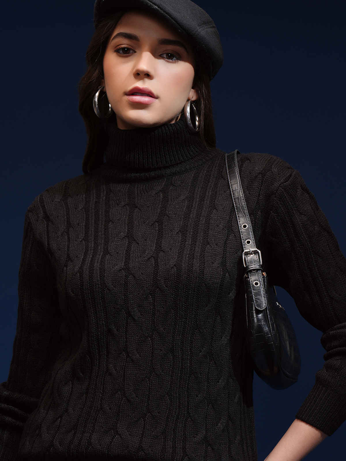 Tokyo Talkies Women's Self Design Turtle Neck Sweater | Jet Black - S
