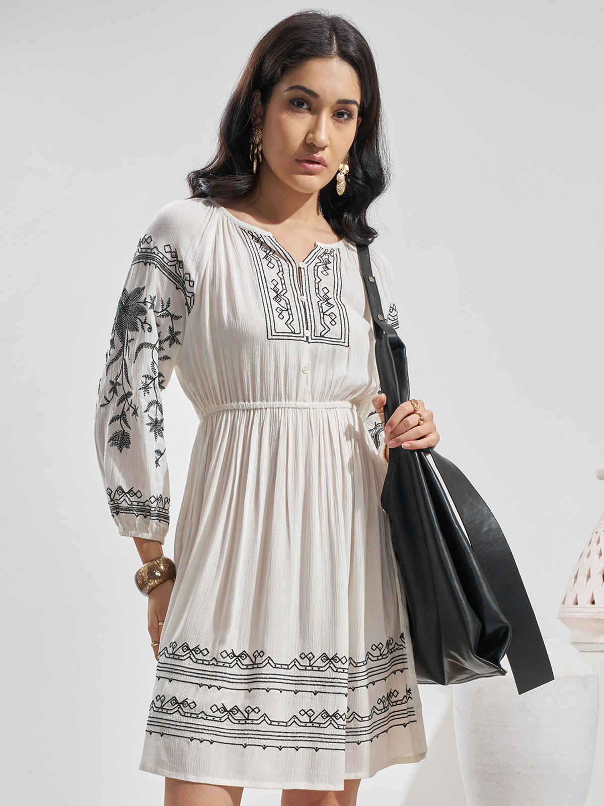 Vara By Vishudh Women's Viscose Gauze Embroiderd Round Neck Short Dress | Off White - S