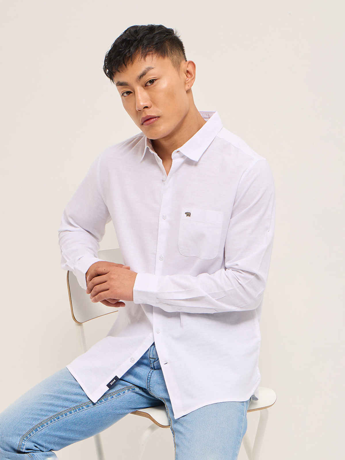 The Bear House Men's Cotton Linen Slim Fit Solid Casual Shirt | White - S