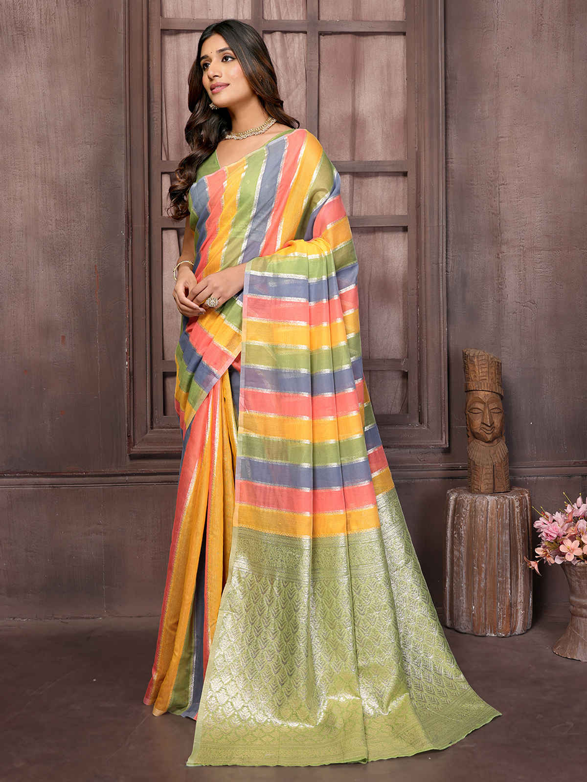 Janasya Women's Cotton Striped Woven Design Woven Saree with Blouse Piece | SAR388 | Multicolour