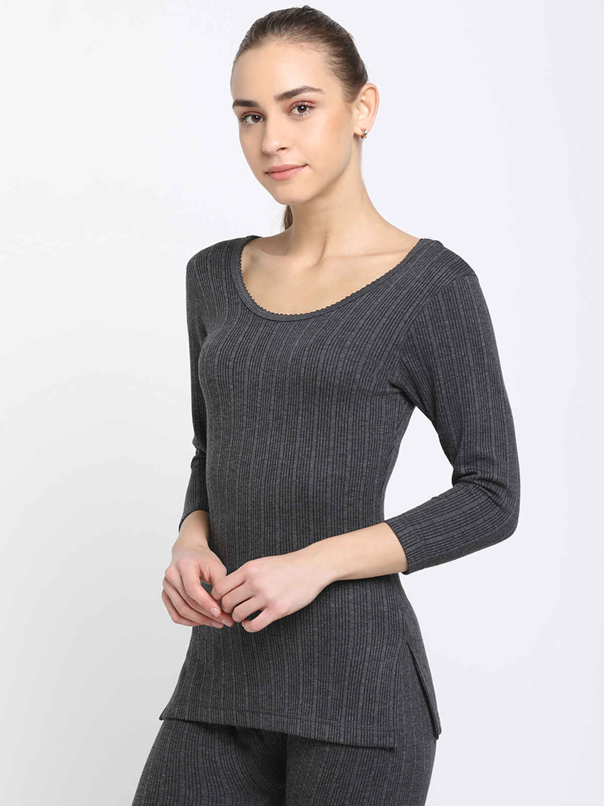 Dixcy Scott Slimz Women's Round Neck 3/4Th Regular Fit Thermal Top | Charcoal Melange - M