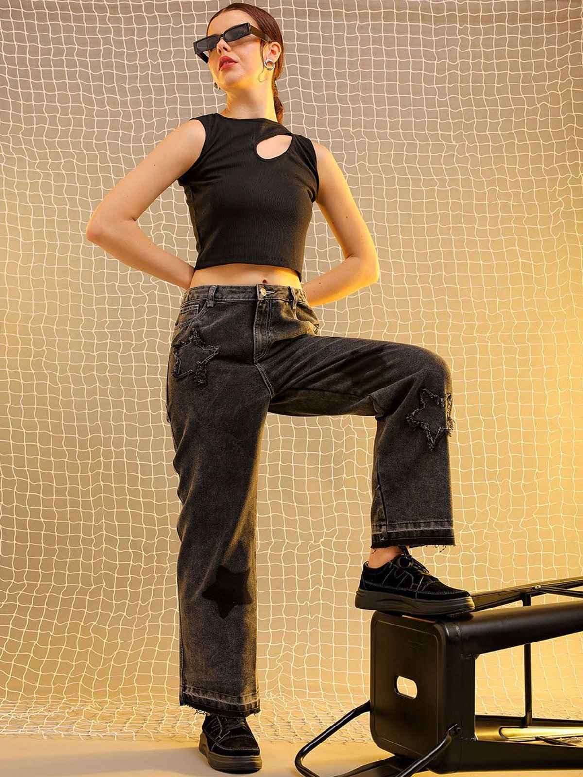 Freehand Women's Bootcut Star Patch Colour Block High Rise Jeans | Grey - 28