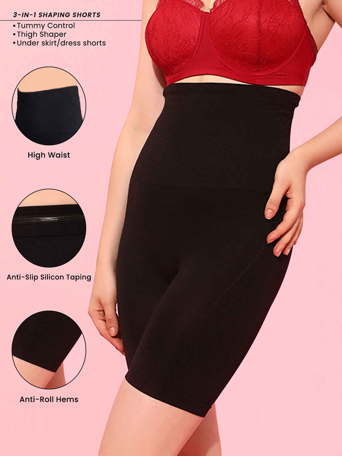 Clovia Women's 4-in-1 Shapewear | Tummy, Back, Thighs & Hips | Black | L-XL