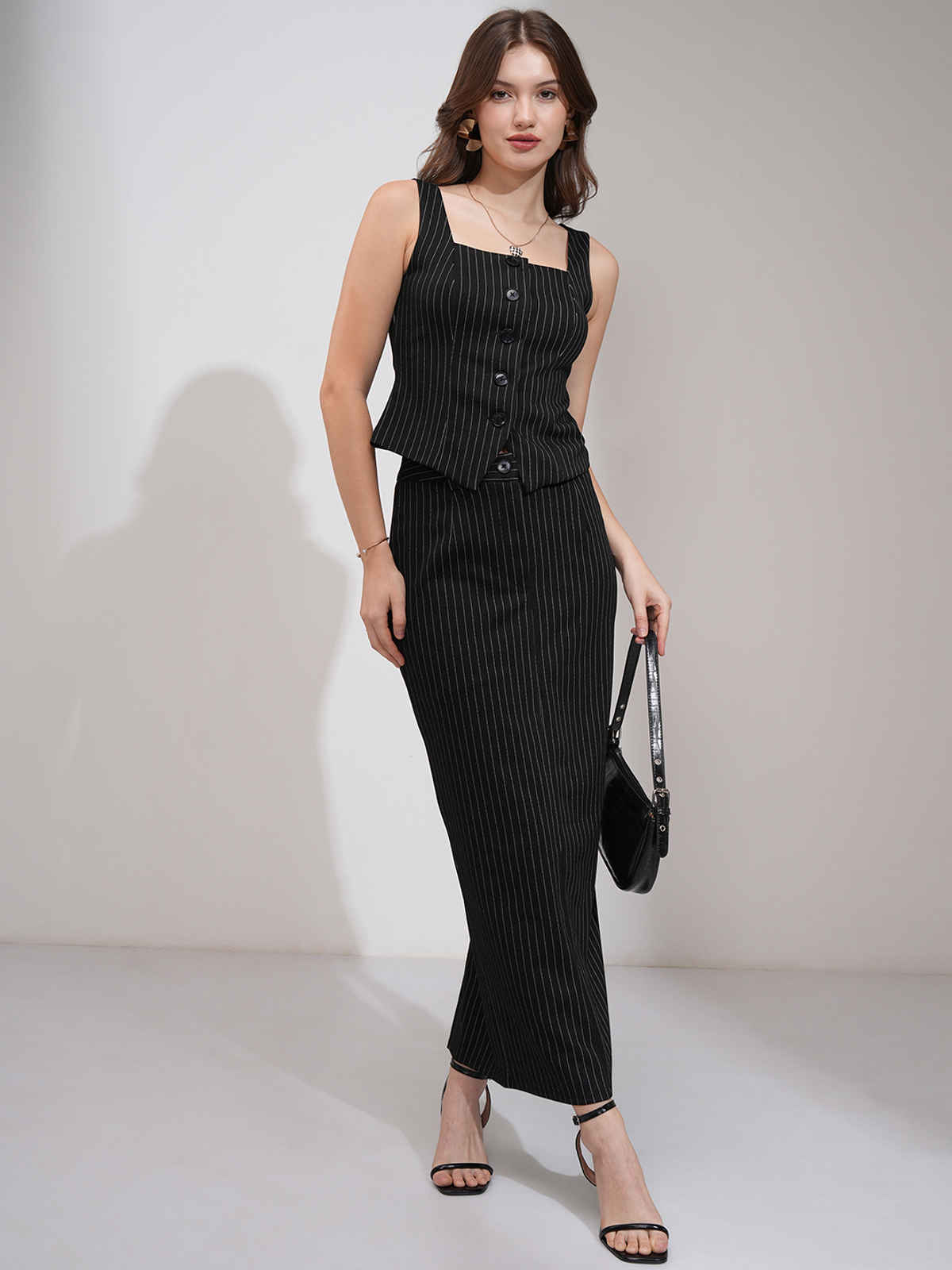 Tokyo Talkies Women's Pinstriped Vest & Midi Column Skirt Set | Black - XL