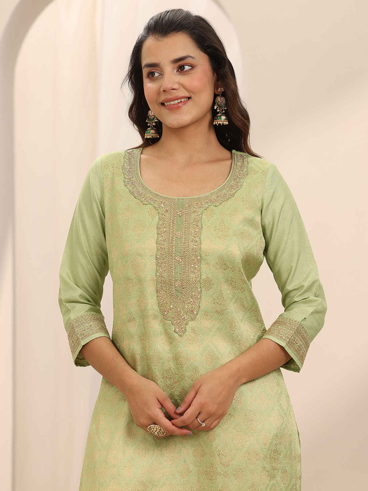 Libas Woven Design Silk Blend Straight Suit Set With Dupatta | 99477H | Green - XL