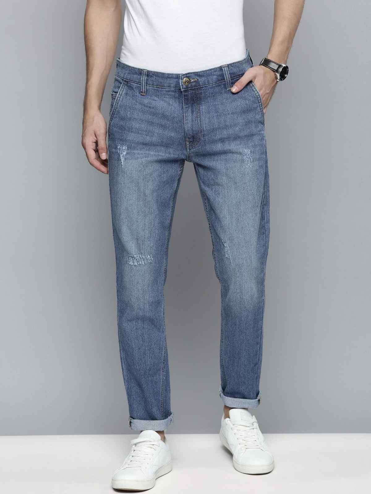 The Indian Garage Co Men's Slim Fit Solid Casual Textured Jeans | Blue - 30