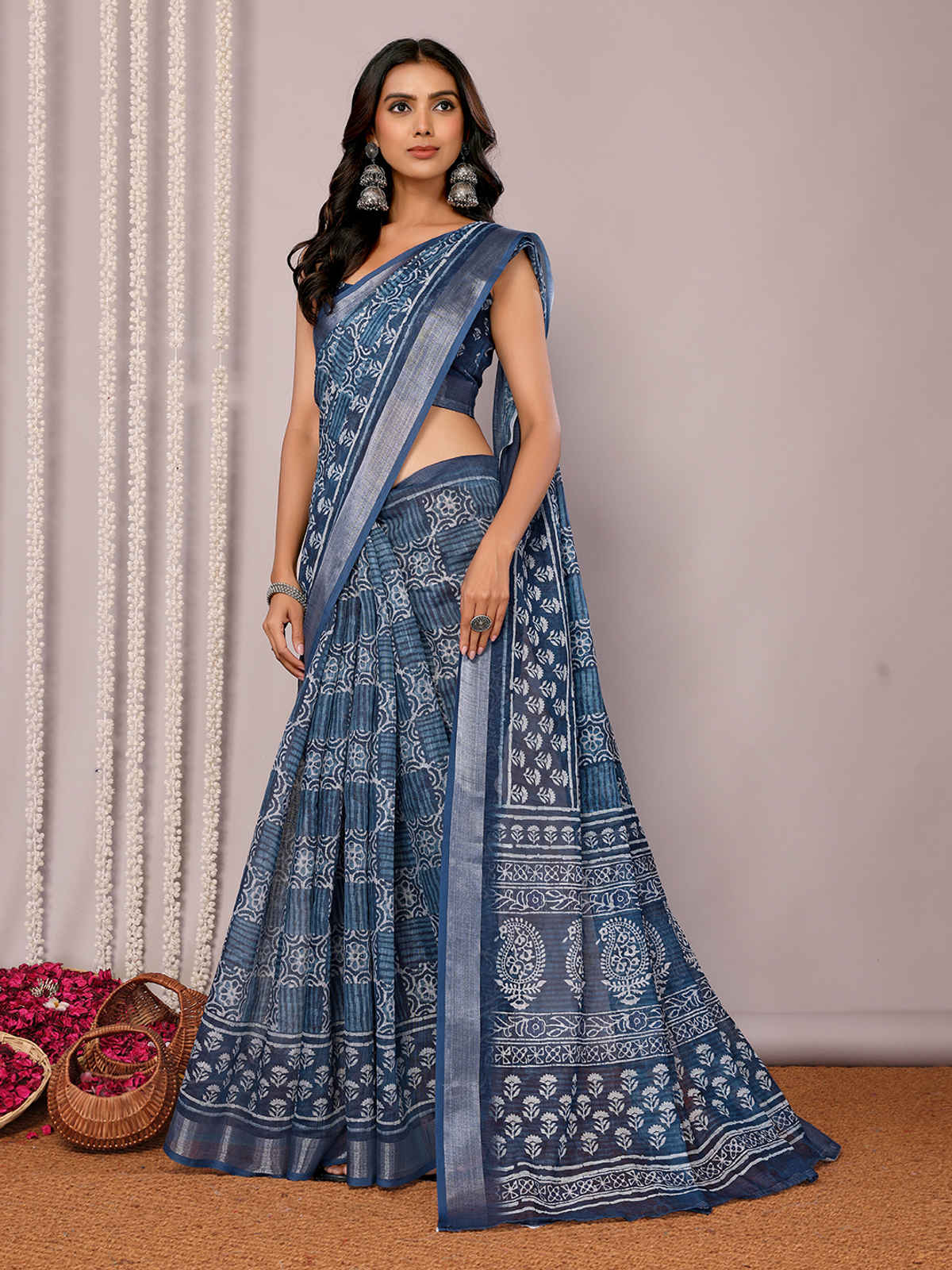 Janasya Women's Cotton Linen Block Print Printed Saree with Blouse Piece | SAR450 | Navy Blue
