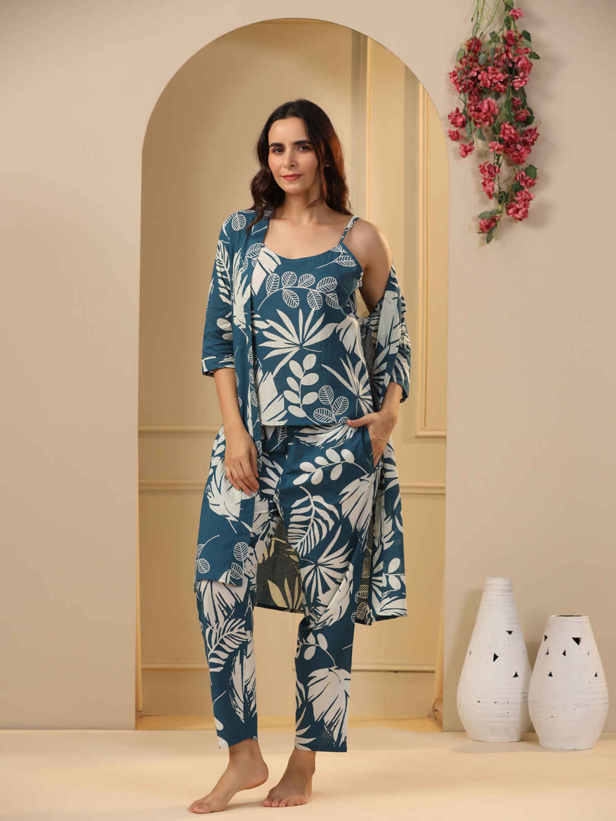 Sanskrutihomes Teal 3 Pieces Floral Printed Pure Cotton Night Suit | Teal - S