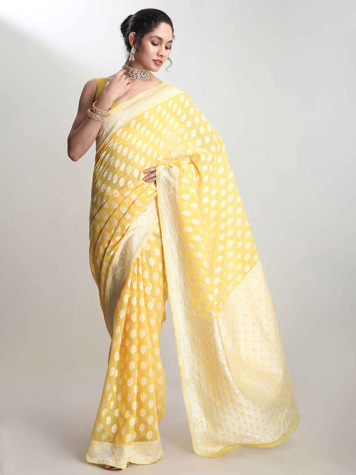 Janasya Women's Silk Blend Floral Woven Design Jacquard Saree with Blouse Piece | SAR632 | Yellow
