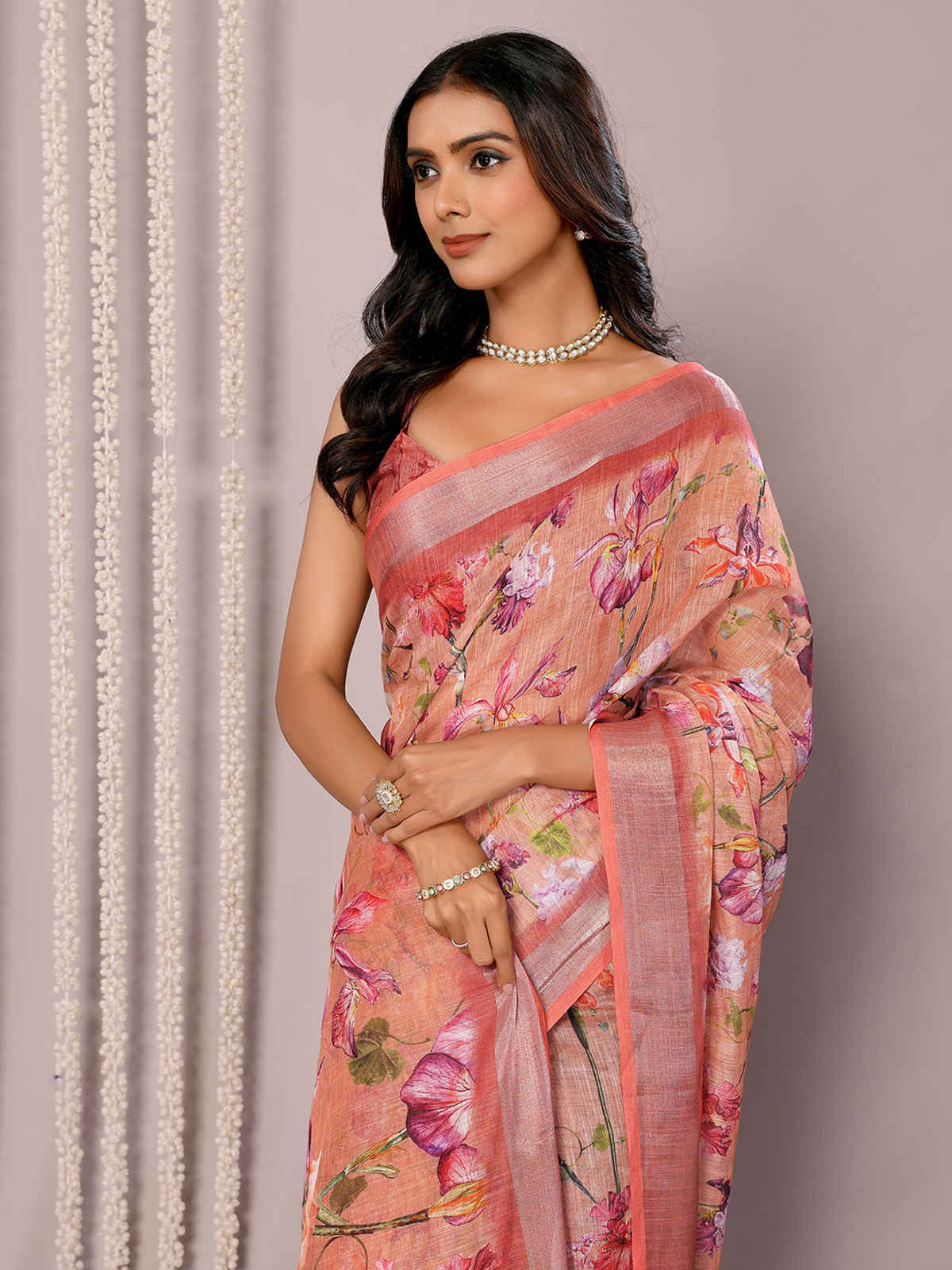Janasya Women's Cotton Linen Floral Printed Saree with Blouse Piece | SAR452 | Peach
