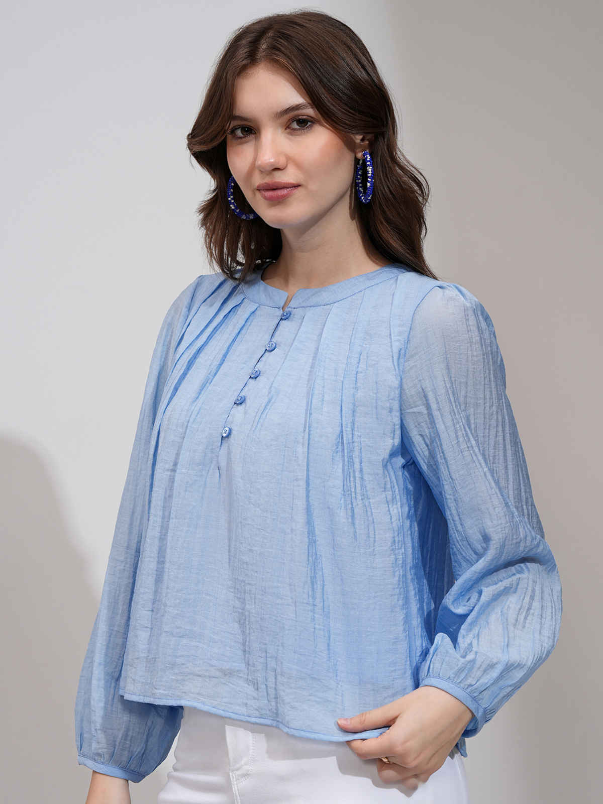 Tokyo Talkies Women's Solid Bishop Sleeve Pleated Top | Blue - S