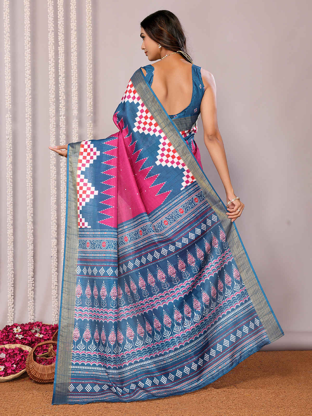 Janasya Women's Chanderi Silk Geometric Printed Saree with Blouse Piece | SAR481 | Pink and Blue