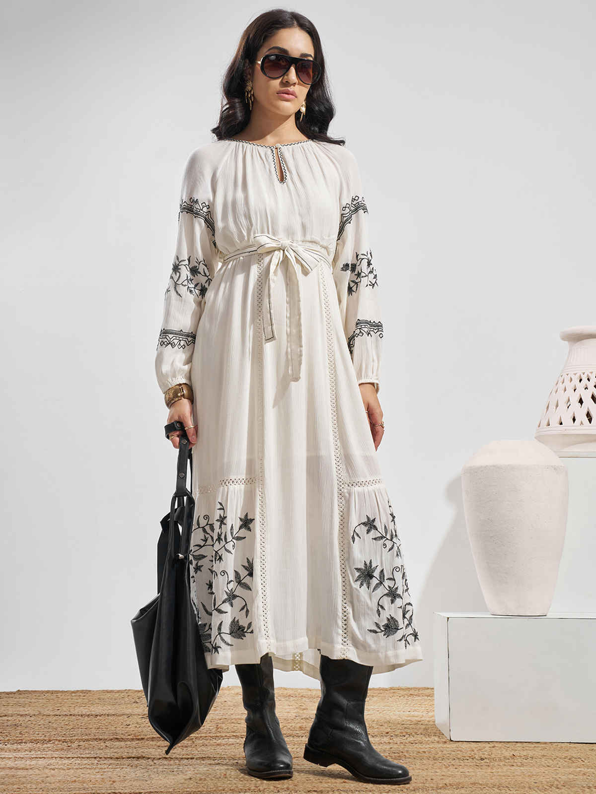 Vara By Vishudh Women's Viscose Gauze Embroiderd Round Neck Maxi Dress | Off White - M