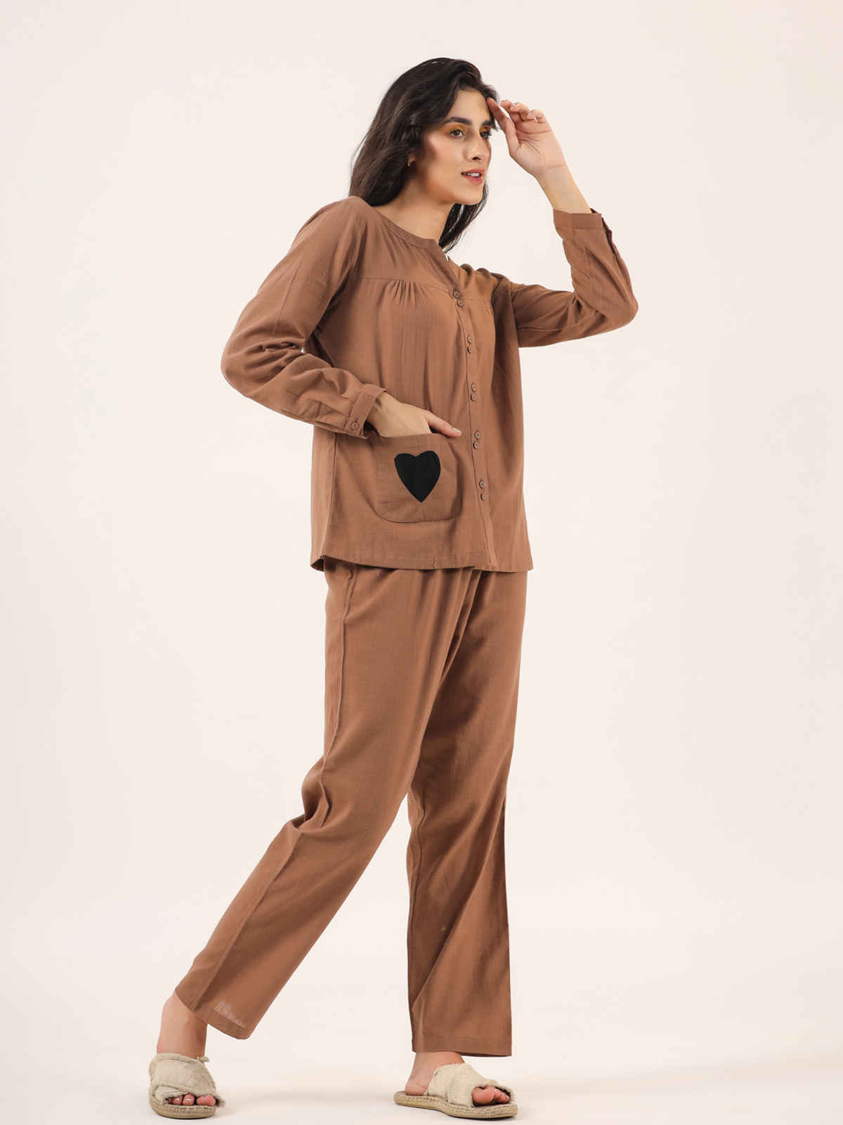 Sanskrutihomes Mandarin Collar Pure Cotton Night Suit | Brown - S
