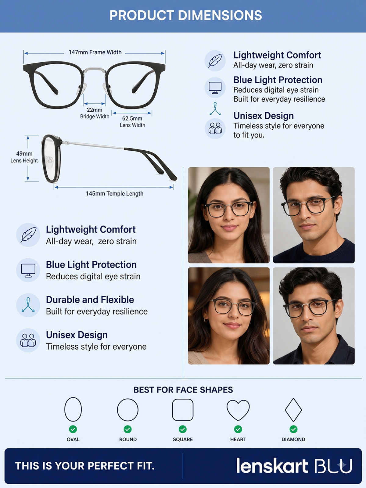 Lenskart Blu | Zero Power Computer Glasses | Blue Ray Protection | Square | Medium-136mm | Black